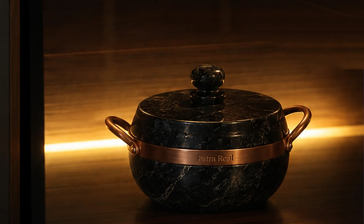 Panela de pedra-sabão com cobre num armário de madeira iluminado